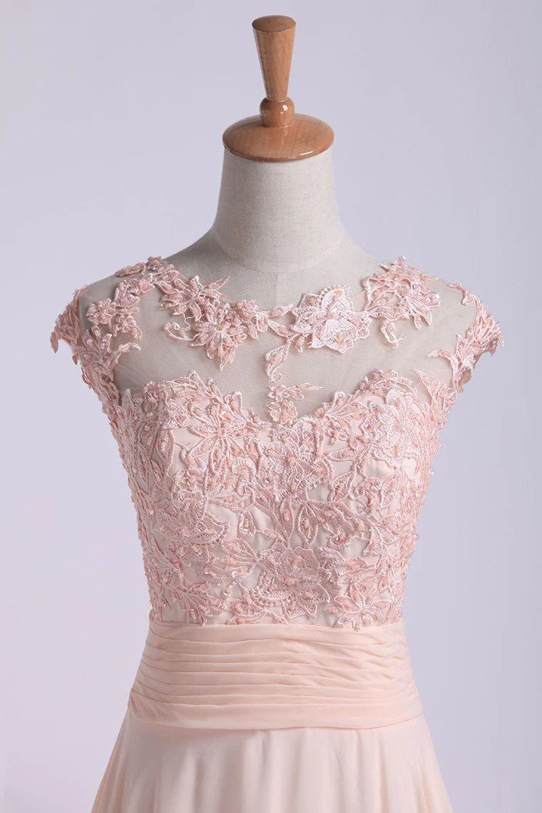 Party Dresses A Line Chiffon With Applique And Ruffles Sweep Train